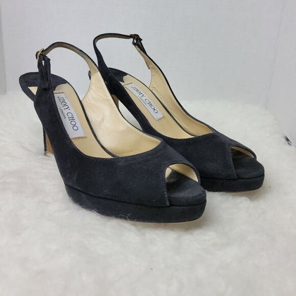 Jimmy Choo “Nova” Slingback Peep Toe Platform Pumps Black Satin Shoes Size 8 - Picture 1 of 11